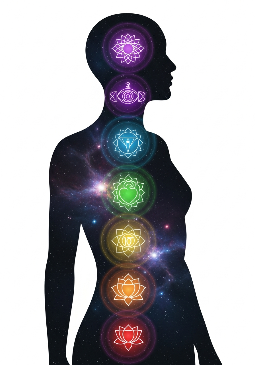 Diagrama dos 7 chakras e suas cores correspondentes na aura